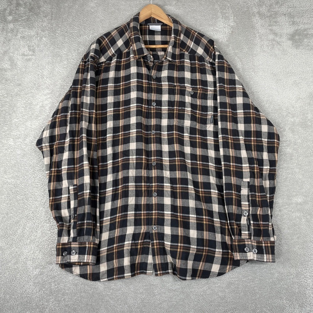 Columbia Shirt Mens 2XL Black Brown Plaid Cotton Flannel Long Sleeve Outdoor